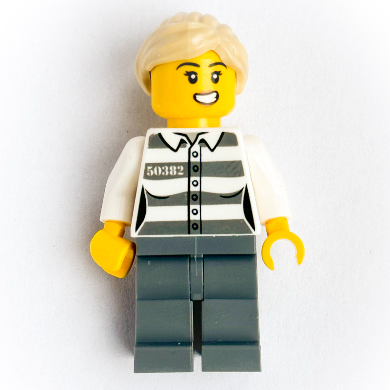 Lego Helen Heist - Criminal, Prison Shirt with #50382, Dark Bluish Gray Legs, Tan Hair