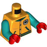 Lego Torso Letterman Jacket, Buttons, Black Spider Print, Dark Turquoise Arms, Red Hands / Bright Light Orange