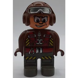 Duplo Figure, Early, Aviator Hat Brown with Silver Goggles, Dark Gray Legs, Jumpsuit with Zipper, Red Parachute Straps, Yellow And Black Hazard Stripes Print / Brown