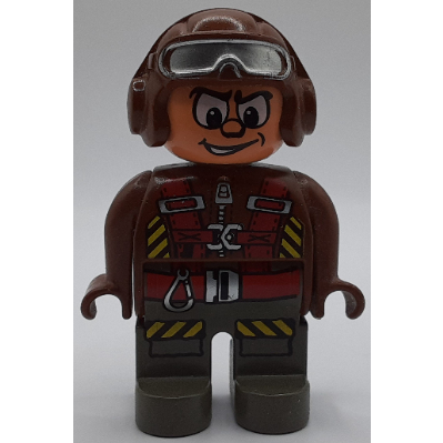 Lego Duplo Figure, Early, Aviator Hat Brown with Silver Goggles, Dark Gray Legs, Jumpsuit with Zipper, Red Parachute Straps, Yellow And Black Hazard Stripes Print / Brown