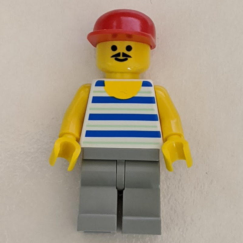 Lego Man, Blue and White Striped Tank Top, Red Cap, Moustache