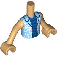Lego Minidoll Torso Boy with Warm Tan Arms and Hands with Bright Light Blue Open Shirt, White Decorations, Blue/Dark Blue Stripes Shirt print / Warm Tan