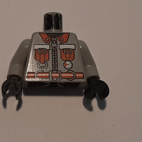 Lego Torso Fire Shirt with 2 Red Pockets and Red Belt Print, Light Gray Arms, Black Hands / Light Gray