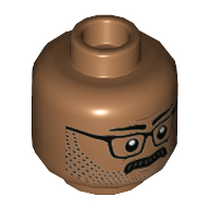 Lego Minifig Head James Gordon, Glasses, Beard Stubble, Moustache, Neutral / Angry with Clenched Teeth Print / Medium Nougat