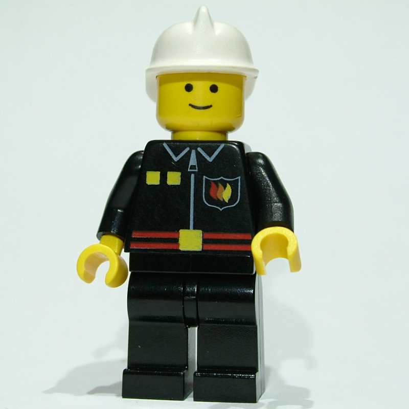 Lego Fireman, Black Fire Jacket with Red Belt and Badge, White Helmet