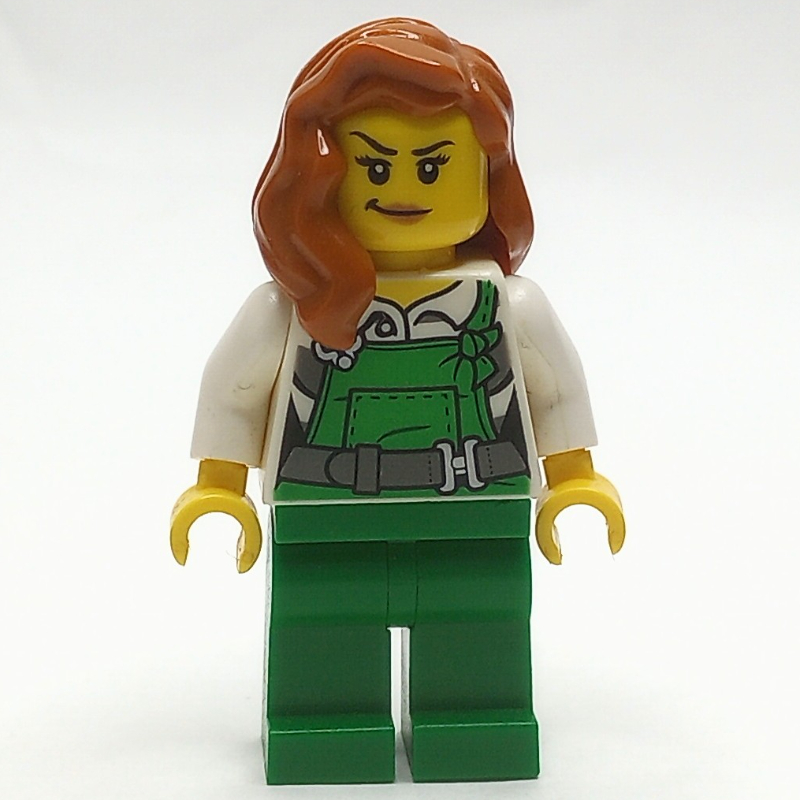 Lego Criminal, Woman, Green Overalls over Prison Shirt, Dark Orange Hair