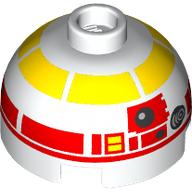Lego Brick Round 2 x 2 Dome Top, Vented Stud with Yellow and Red Astromech Droid print (L3-G0) / White
