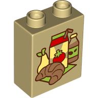 Lego Duplo Brick 1 x 2 x 2 with Croissants, Pear, Juice Box, Bottle print / Tan