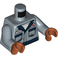 Lego Torso Shirt, with Blue Collar and Pockets, Red and White Badges, Grease Stains Print, Sand Blue Arms, Dark Orange Hands / Sand Blue