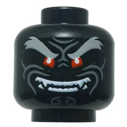 Minifig Head Garmadon, Thick Dark Bluish Grey Eyebrows, Wrinkles, Red Eyes, Mean Smile, Teeth / Frown / Black