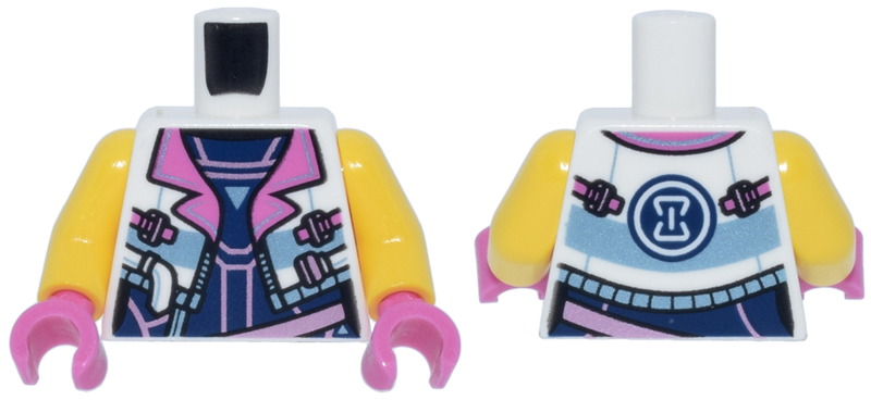 Lego Torso Female Cropped Jacket Open with Zipper, Dark Pink Lapels and Buckles over Dark Blue and Metallic Pink Top, Hourglass on Back Pattern / Yellow Arms / Dark Pink Hands