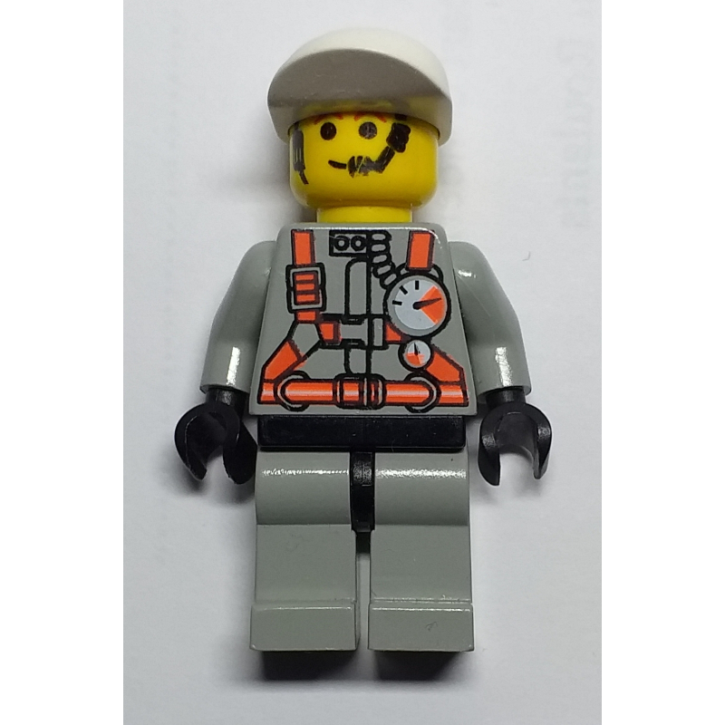 Lego Fireman, Light Gray Fire Suit with Gauges and Straps, White Cap, Headset
