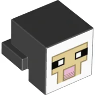 Minifig Head Special, Cube with Rear Ledge, Pixelated White and Tan Face, Dark Tan Outline with Pink Mouth Print / Black