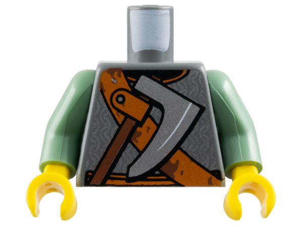 Lego Torso Viking Chain Mail, Dark Orange Belt and Shoulder Strap, Silver Axe with Reddish Brown Handle Pattern / Sand Green Arms / Yellow Hands