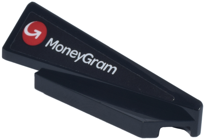 Lego Wedge 5 x 1 x 1 1/3 with 4 x 1 Base Right with White 'MoneyGram' and Red Circle with Arrow Logo Pattern (Sticker) - Set 77250