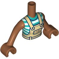 Lego Minidoll Torso Woman with Sienna Brown Arms and Hands with Tan Overall, White/Dark Turquoise Stripes Shirt print / Sienna Brown