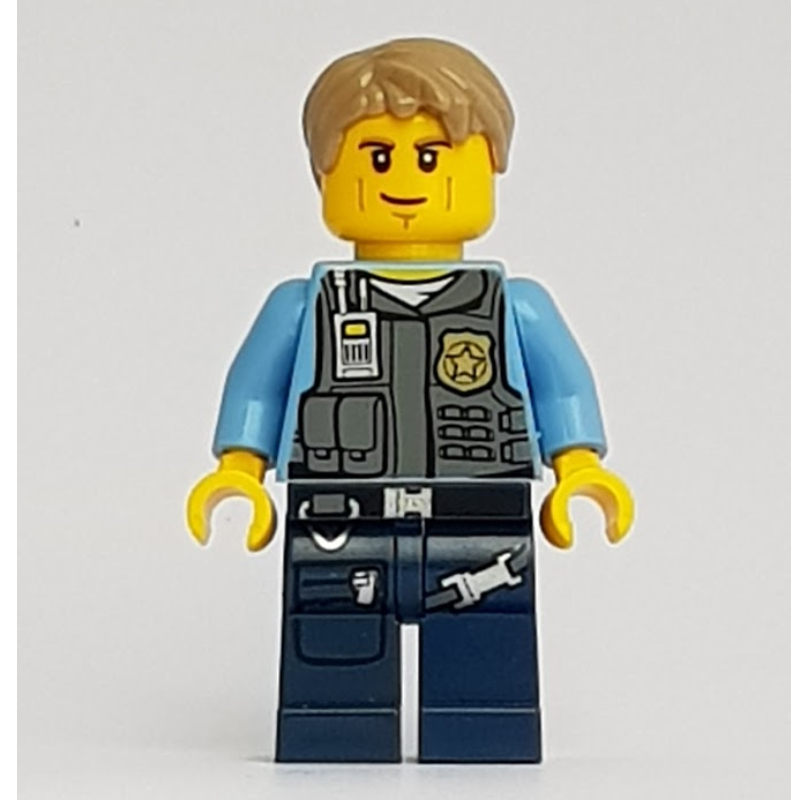 Lego Chase McCain, Dark Bluish Gray Vest with Radio, Badge and Pouches over Medium Blue Shirt, Dark Blue Legs