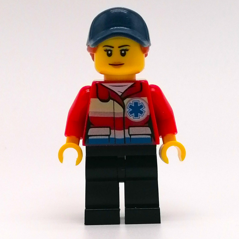 Lego Paramedic, Woman, Red Jacket with Star of Life, Dark Blue Cap with Hair