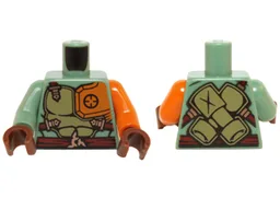 Torso Ninjago Olive Green and Orange Body Armor with Dark Red Straps and Belt Pattern / Orange Arm Left / Sand Green Arm Right / Reddish Brown Hands