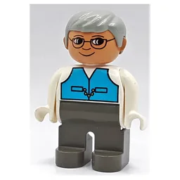 Duplo Figure, Early, with Short Parted Hair Light Gray, Dark Gray Legs, Medium Blue Vest, Glasses Print / White