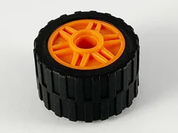 Wheel 18mm D. x 14mm with Pin Hole, Fake Bolts and Shallow Spokes with Black Tire 24 x 14 Shallow Tread, Band Around Center of Tread (55981 / 89201) / Orange
