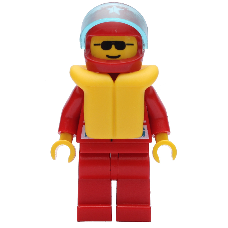Lego Racer, Red Jacket with Octan Logo and 'RACING', Red Legs, Red Helmet with Star and Visor, Yellow Life Vest, Sunglasses