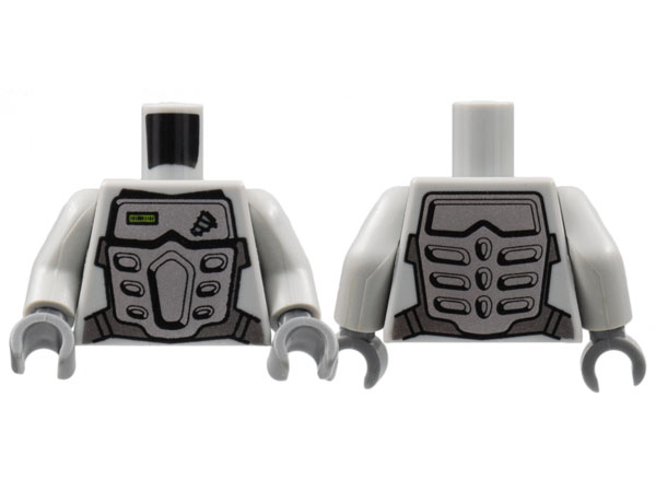 Lego Torso Power Miners Silver Body Armor Front and Back, Drill on Upper Left Pattern / Light Bluish Gray Arms / Dark Bluish Gray Hands