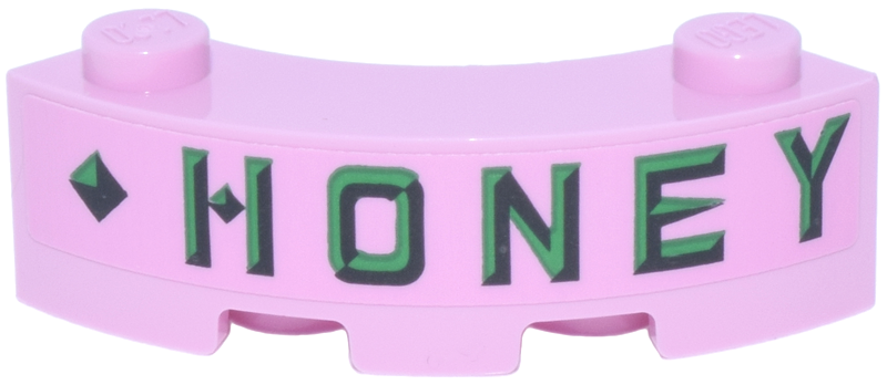 Lego Brick, Round Corner 3 x 3 Macaroni with 2 Studs with Green, Bright Green and Black Diamond and 'HONEY' Pattern Model Right Side (Sticker) - Set 76457