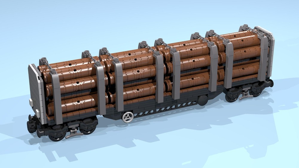 Lego 8-Wheel Stake Wagon (SNOT, gray, 8 studs wide, 45 studs long) with logs