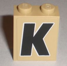 Lego Brick 1 x 2 x 2 with Inside Stud Holder with Black Capital Letter K with White Outline Pattern (Sticker) - Set 8211