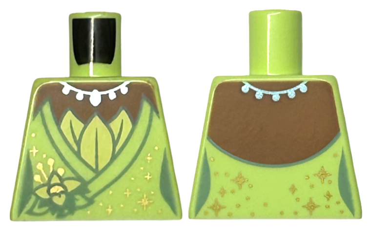 Lego Torso Female Dress with Flower, Gold Sparkles and Dots, Metallic Light Blue Necklace, Medium Brown Neck Pattern