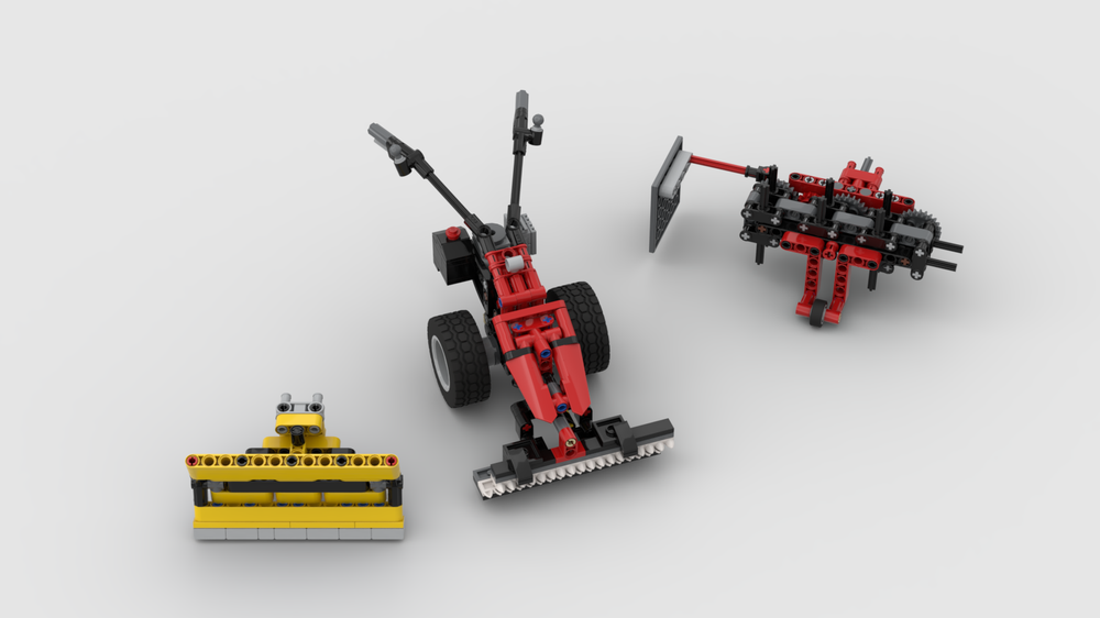 Lego Small single-axle walk-behind tractor with cutter bar, band rake, and snow plough