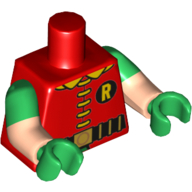 Lego Torso, Dual Molded Arms, 'R' Symbol, 5 Yellow Clasps and Collar, Black and Gold Belt Print (60's Robin), Green Sleeves Pattern, Light Nougat Arms, Green Hands / Red