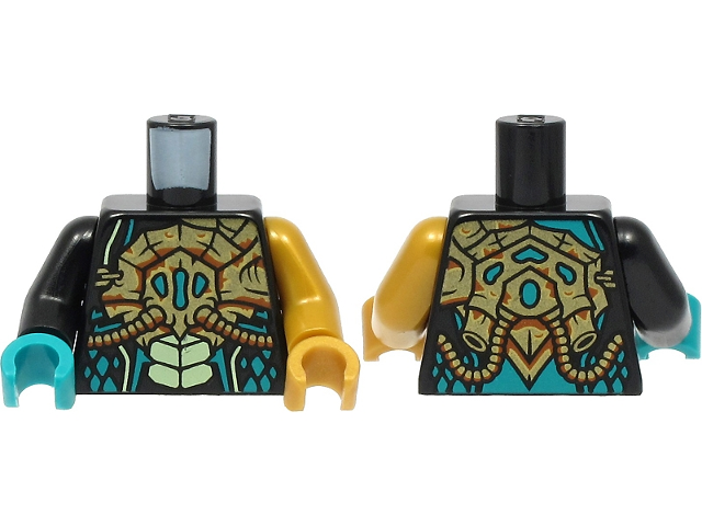 Lego Torso Gold Breathing Apparatus, Yellowish Green Scales Pattern / Pearl Gold Arm Left / Black Arm Right / Pearl Gold Hand Left / Dark Turquoise Hand Right