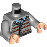 Lego Torso, Dark Bluish Grey/Reddish Brown Knitted Sweater, White/Medium Azure Shirt print, Light Bluish Gray Arms, Light Nougat Hands / Light Bluish Gray