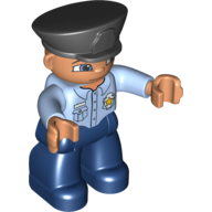Lego Duplo Figure with Police Style Hat Black, with Dark Blue Legs, Light Blue Top with Badge, Nougat Hands, with Blue Eyes / Bright Light Blue