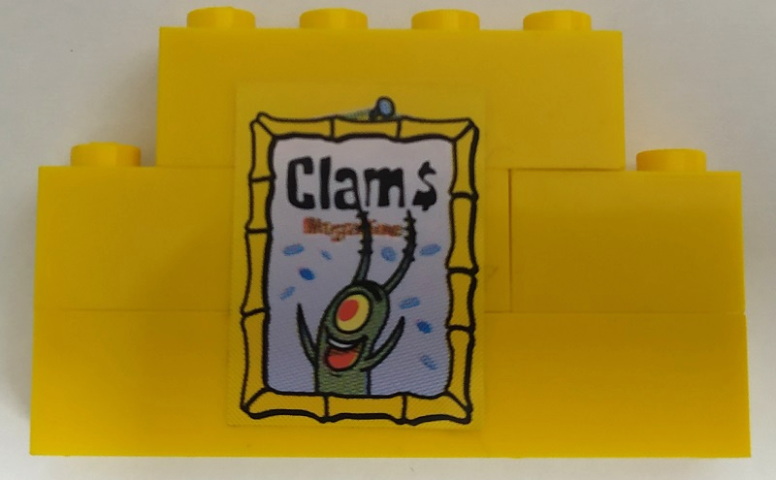 Lego Stickered Assembly 6 x 1 x 3 with 'Clams Magazine' and Plankton in Yellow Frame Pattern (Sticker) - Set 3826