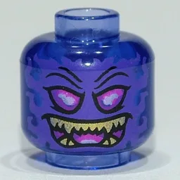 Minifig Head Overlord, Dark Pink Eyes, Yellow Fang Teeth / Swirled Flames Print / Trans-Purple