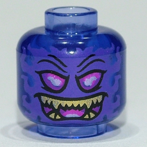 Lego Minifig Head Overlord, Dark Pink Eyes, Yellow Fang Teeth / Swirled Flames print / Trans-Purple