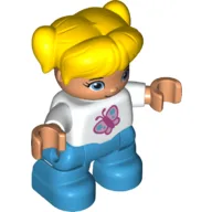 Duplo Figure Child with Ponytails and Bangs Yellow, Dark Azure Legs, Pink Butterfly Print / White