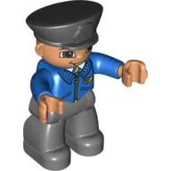 Duplo Figure with Police Style Hat Black, with Dark Bluish Gray Legs, Blue Jacket with Mail Horn, with Smile with No Teeth / Blue