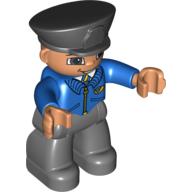 Lego Duplo Figure with Police Style Hat Black, with Open Smile, Blue Jacket with Mail Horn, Dark Bluish Gray Legs / Blue