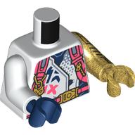 Lego Torso Robe, Coral Straps, Dark Blue Undershirt, Decorations print, Odd Arms and Hands, Left Pearl Gold Arm and Hand, Right White Arm and Dark Blue Hand / White