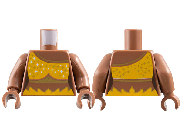 Lego Torso Female Bright Light Orange Bikini Bra Top with Copper Trim and Gold and White Sparkles and Dots Pattern / Medium Brown Arms / Medium Brown Hands