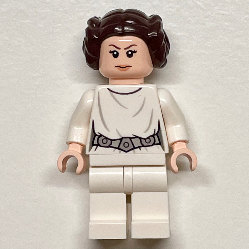 Lego Princess Leia, White Robe, Dark Brown Hair, Decorative Belt, Dual Sided Head Closed Mouth / Smile