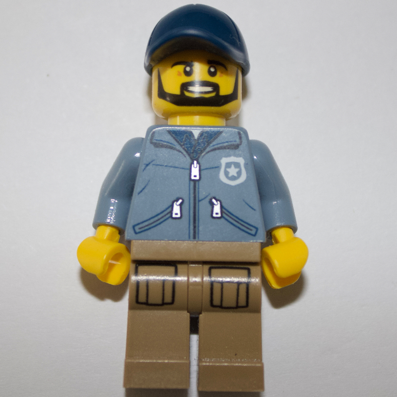 Lego Policeman Ranger Ralph, Sand Blue Jacket with Pockets and 'POLICE' on Back, Dark Blue Cap, Beard
