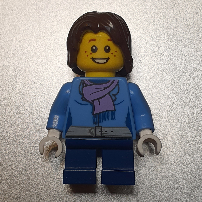 Lego Girl, Medium Blue Jacket with Medium Lavender Scarf, Short Dark Blue Legs, Dark Brown Hair