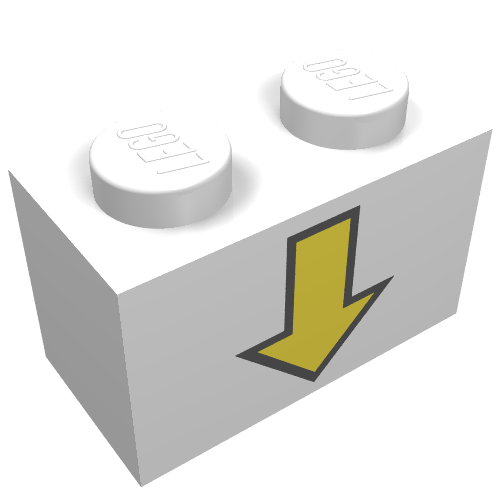 Lego Brick 1 x 2 with Yellow Down Arrow and Black Border Print / White