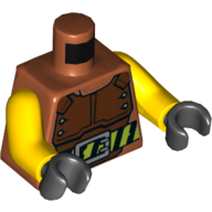 Lego Torso Vest, Reddish Brown Body Armor, Belt with Hazard Stripes Print, Yellow Arms, Black Hands / Dark Orange