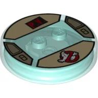 Function Brick Round 4 x 4 x 2/3 with 2 Studs and Ghostbusters Symbol and 'P.V.' Print / Trans-Light Blue